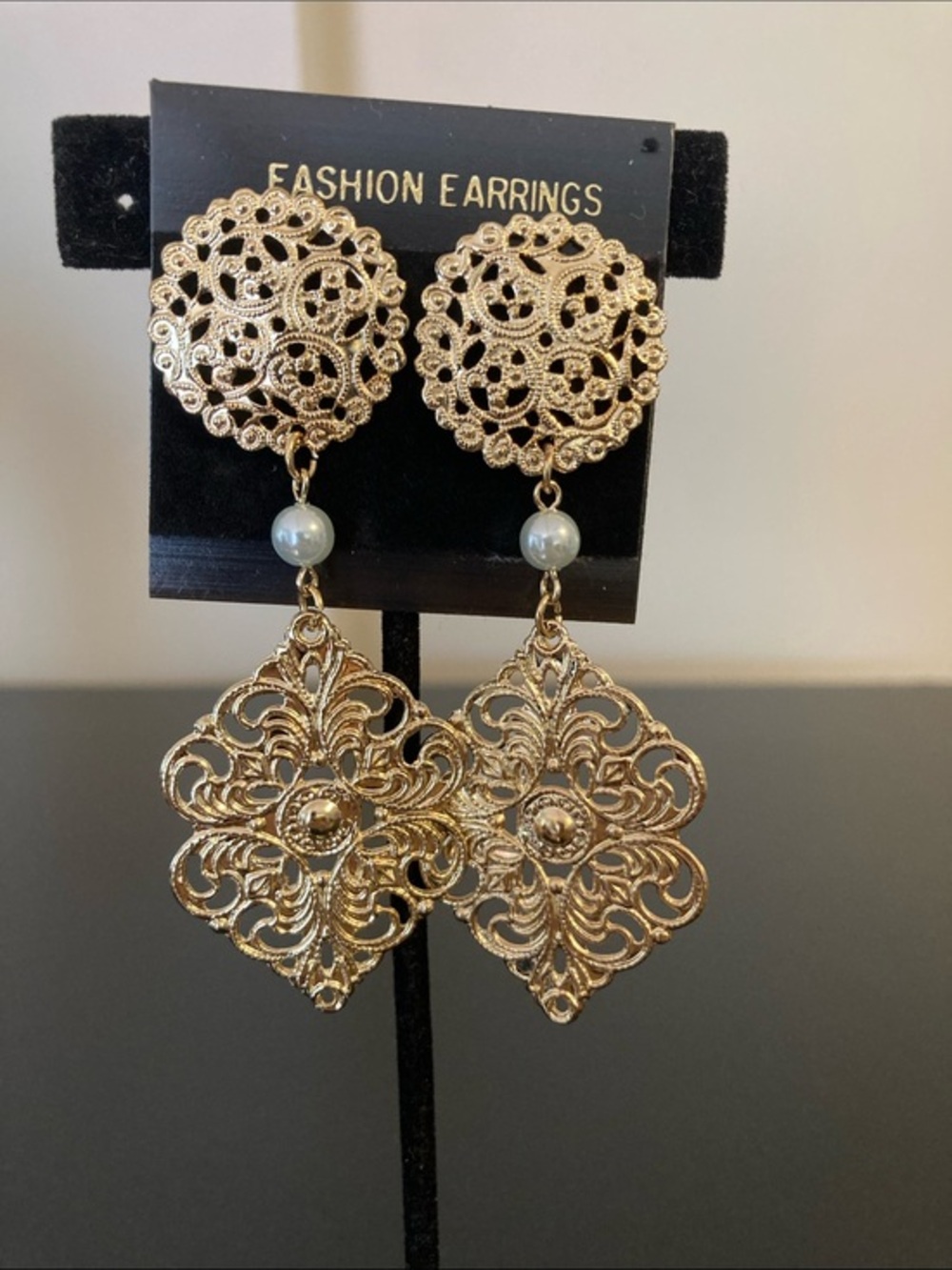Gold Filigree Drop Earrings with Pearl Accent